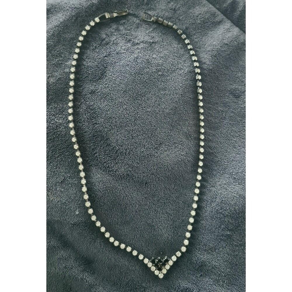 Vintage 1950s Black Amethyst Rhinestone Chevron Princess Necklace 18" Foldover